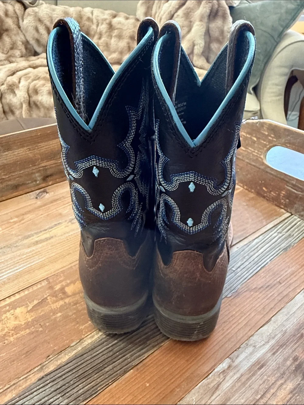 Ariat Brown and Black Kids Western Boots with Blue Embroidery